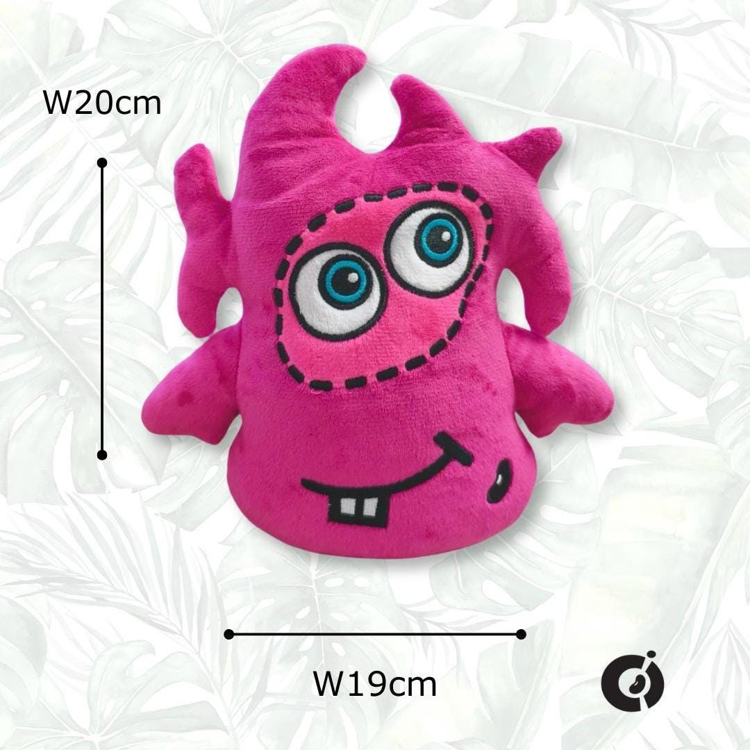 Award winning CwaZyBean Aliens Lagion Pink plush toy from CwaZyLeigh CreaTions with blue eyes on a white background