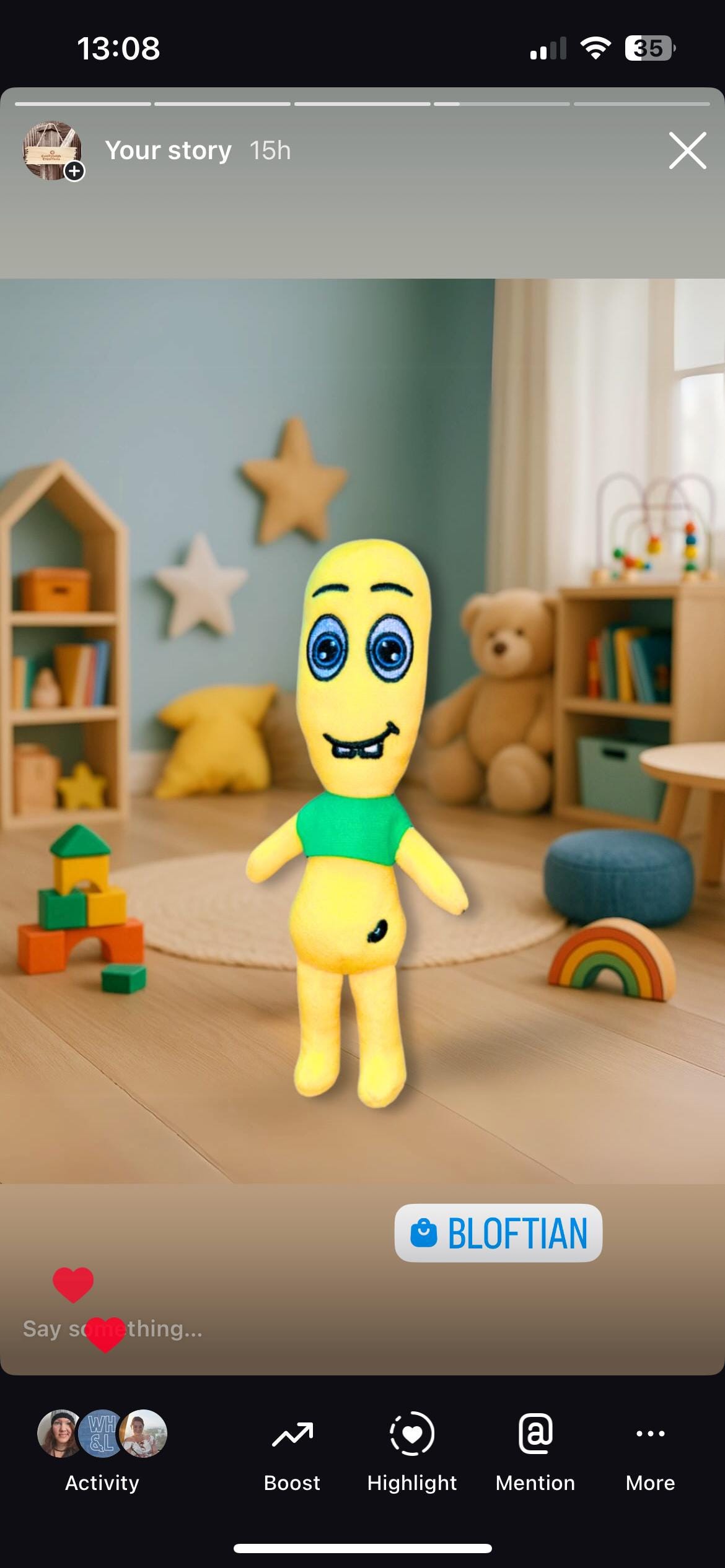 CwaZyBean Aliens Bloftian Yellow animated character plush toy from CwaZyLeigh CreaTions in a room with toys and furniture
