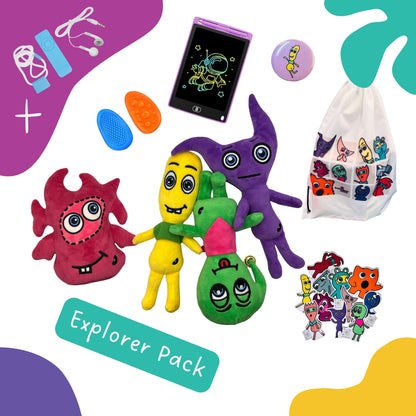 Kids Travel Kit Colourful plush toys with a  string bag, drawing bad, stickers,  sensory fidgets, button, MP3 player with a 'Explorer Pack' label on a white backgroundgets,