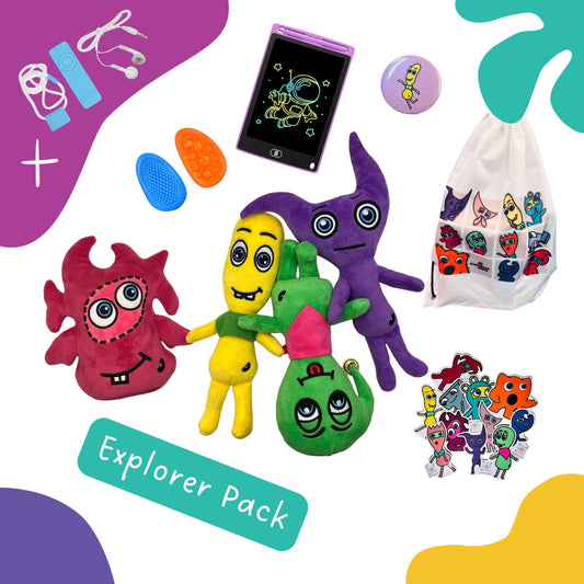 Kids Travel Kit Colourful plush toys with a  string bag, drawing bad, stickers,  sensory fidgets, button, MP3 player with a 'Explorer Pack' label on a white backgroundgets,