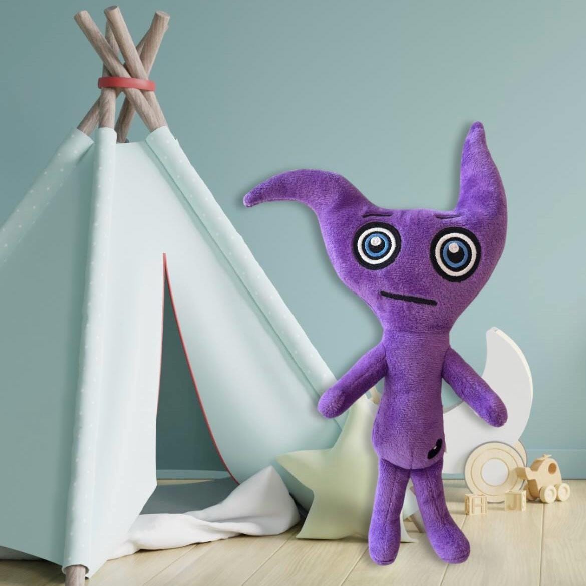 CwaZyBean Aliens Telapian Purple plush toy from CwaZyLeigh CreaTions with large eyes in front of a white teepee