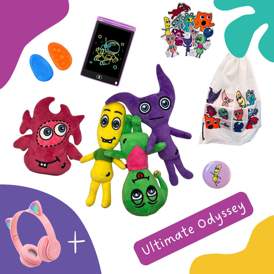 Kids Travel Kit Colourful plush toys with a  string bag, drawing bad, stickers,  sensory fidgets, button, headset with preloaded music, with a 'Ultimate Odyssey' label on a white backgroundgets,