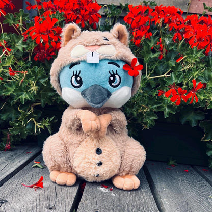 CwaZyHog Wally the disguise master the blue penguin with a squirrel onesie in front of red flowers