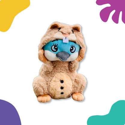 Wally from CwaZyHog Plush toy by CwaZyLeigh CreaTions  with a hood on a colourful background