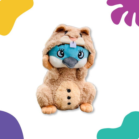 Wally from CwaZyHog Plush toy by CwaZyLeigh CreaTions  with a hood on a colourful background