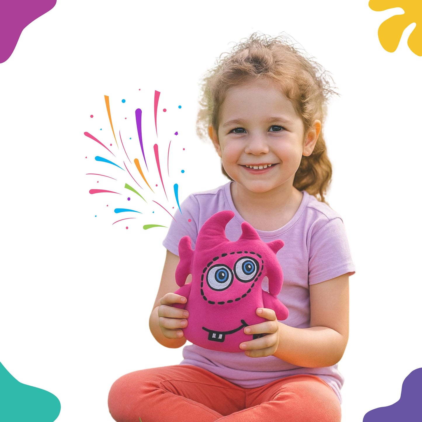 Child holding a pink toy Lagion CwaZyBeaan Aliens from CwaZyLeigh CreaTions with colorful designs on a white background