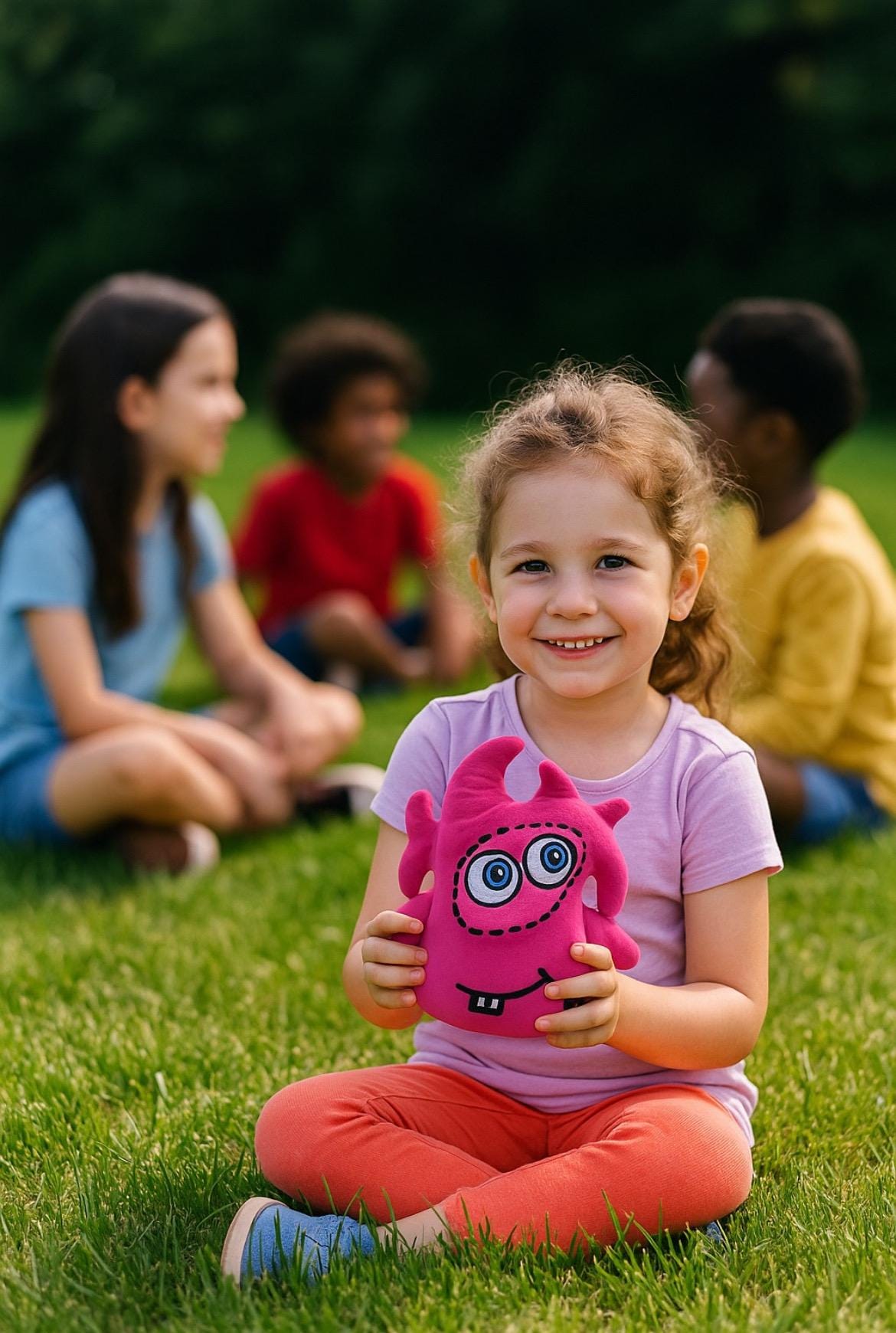 CwaZyBean Alien Lagion pink plush toy – award-winning character by CwaZyLeigh Creations, held by a smiling child outdoors.