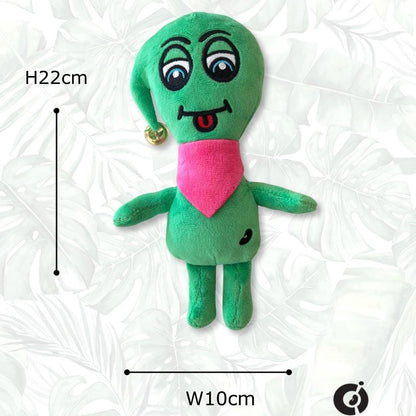 Green plush toy CwaZyBean Alien Blinkert the Sprinter plush toy, designed by CwaZyLeigh Creations. with a pink shirt on a white background, showing measurements.