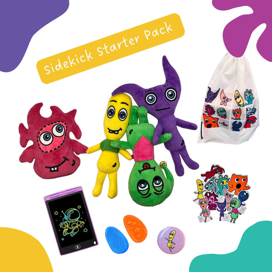 Kids Travel Kit Colourful plush toys with a  string bag, drawing bad, stickers,  sensory fidgets, button, with a 'Sidekick Starter Pack' label on a white backgroundgets,