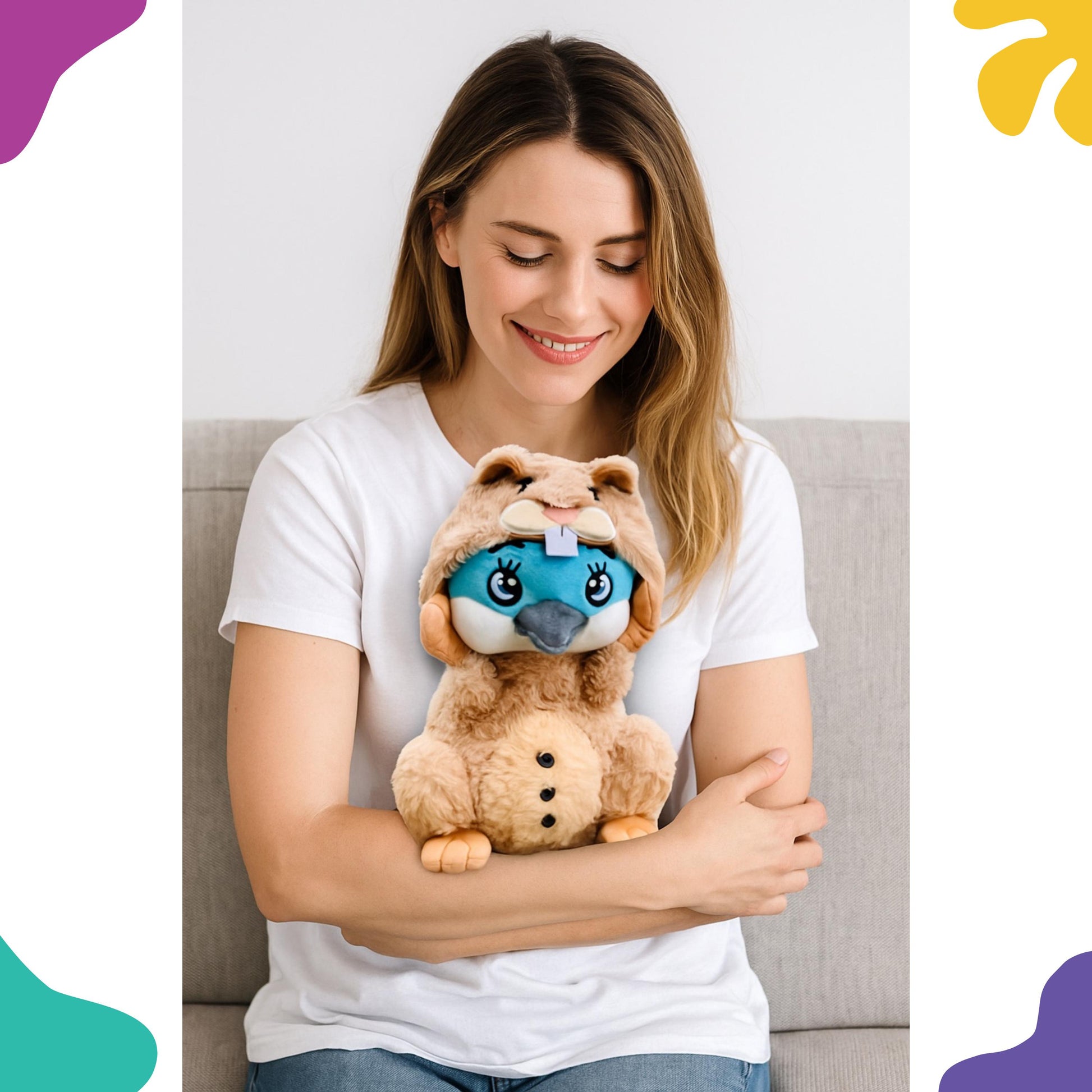 Woman holding a plush toy of Wally from CwaZyHog on a light background